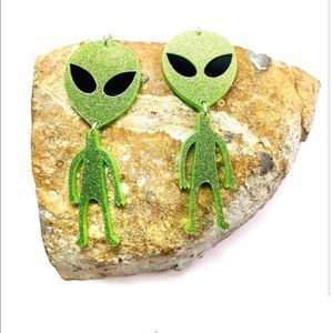 NWT Set Earrings and Necklace Sparkling Glitter Green Aliens